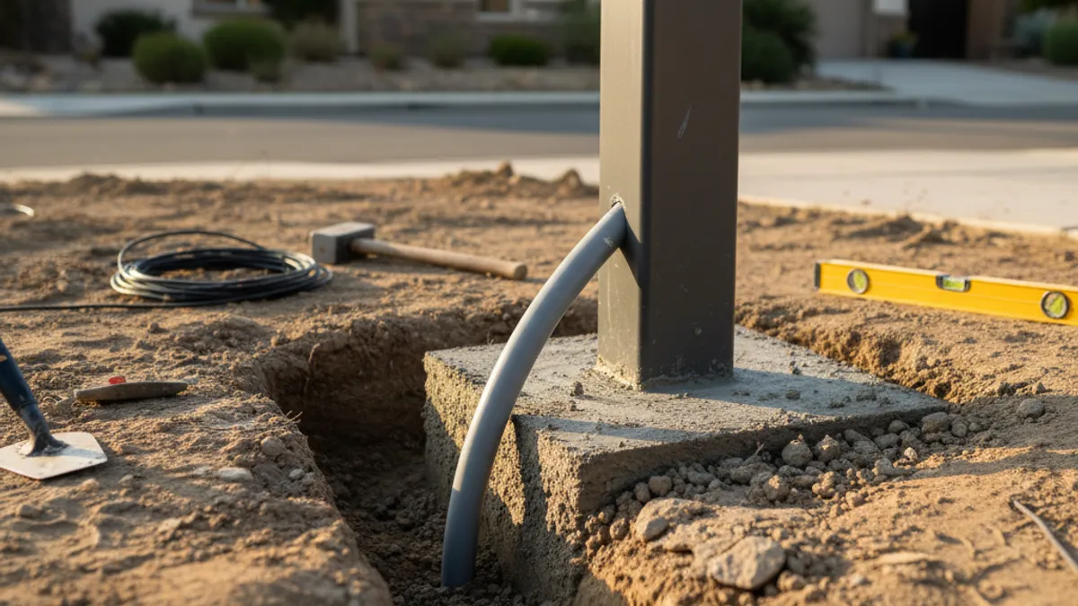 Close-up of a driveway gate post footing with conduit running for a hardwired gate opener on a San Diego property