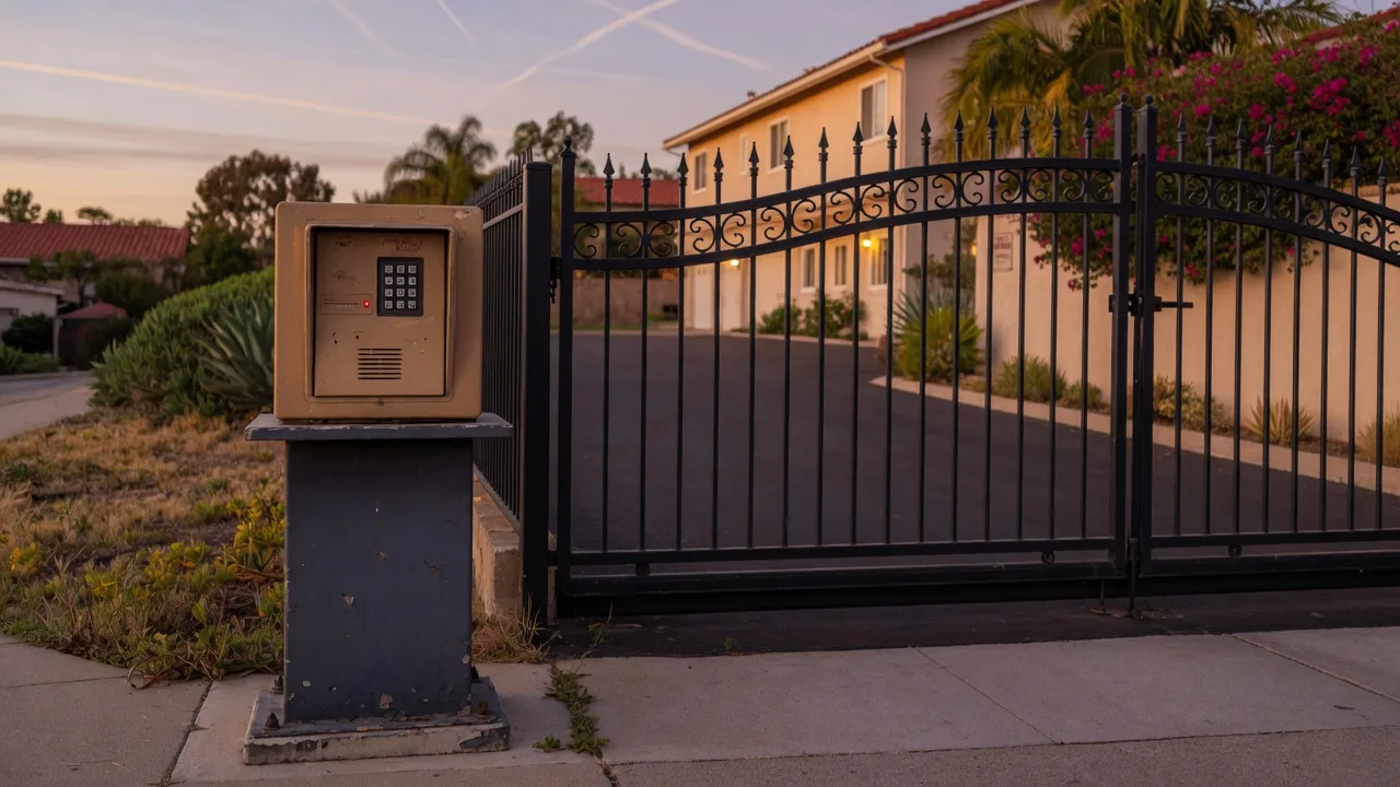 Numeric keypad on a metal pedestal beside a closed black driveway gate in San Diego