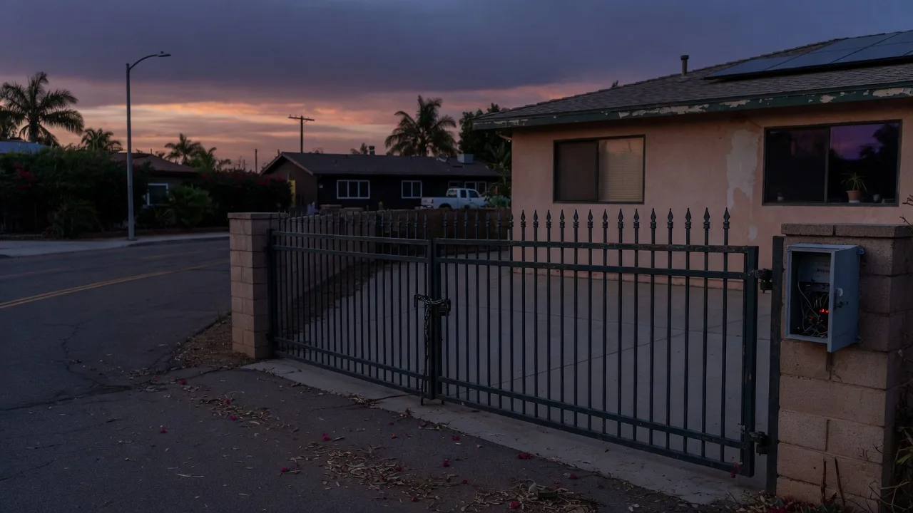 Closed metal driveway gate at dusk on a San Diego inland property with dark house windows