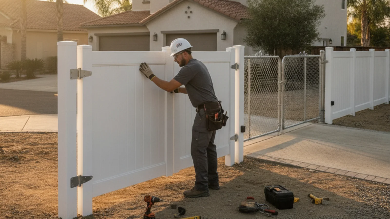 A wide metal swing gate across a driveway in a hot inland El Cajon neighborhood with dry hills in the distance
