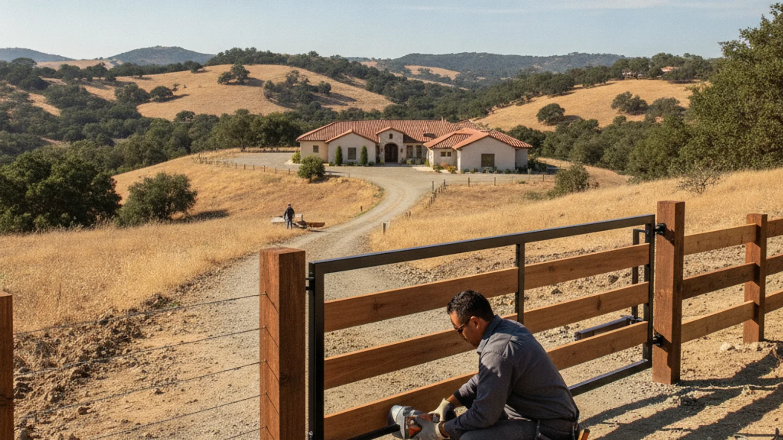 A gate at the entrance of a long rural driveway on a Jamul backcountry property.