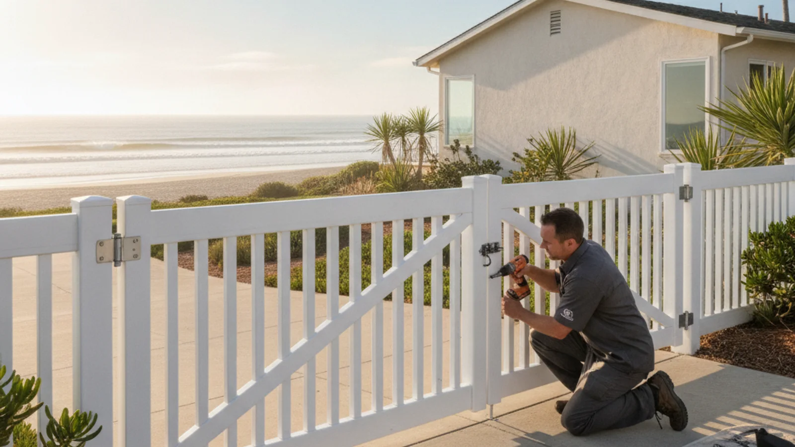 An automatic driveway gate on a coastal Oceanside property with the ocean visible in the distance.