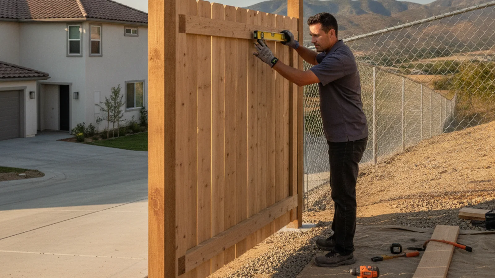 A long sloped driveway leading up to a hillside home in Poway with a metal gate at the street entrance