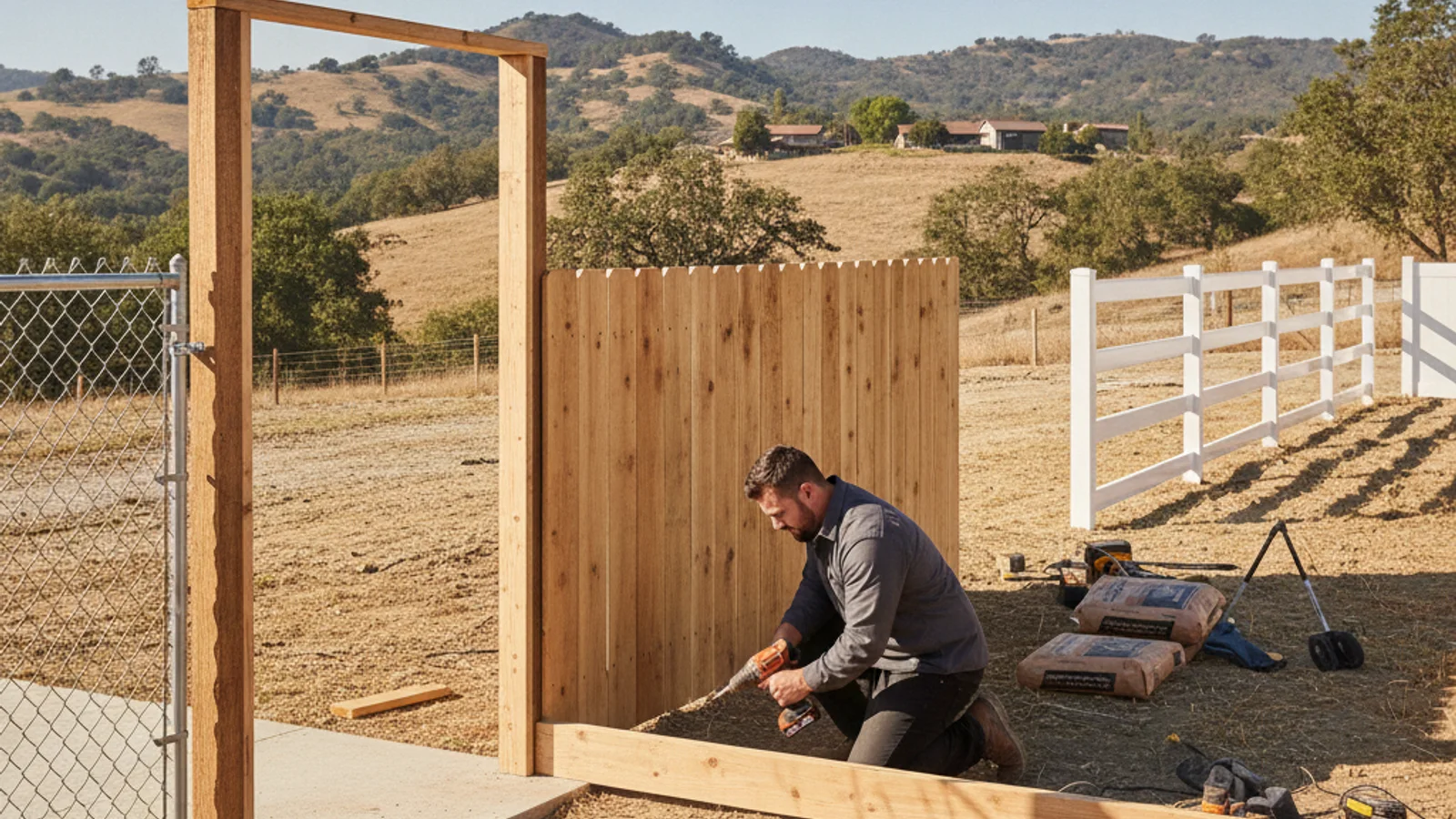 A wide metal ranch-style entry gate at the head of a long dirt and gravel driveway on a rural Ramona property