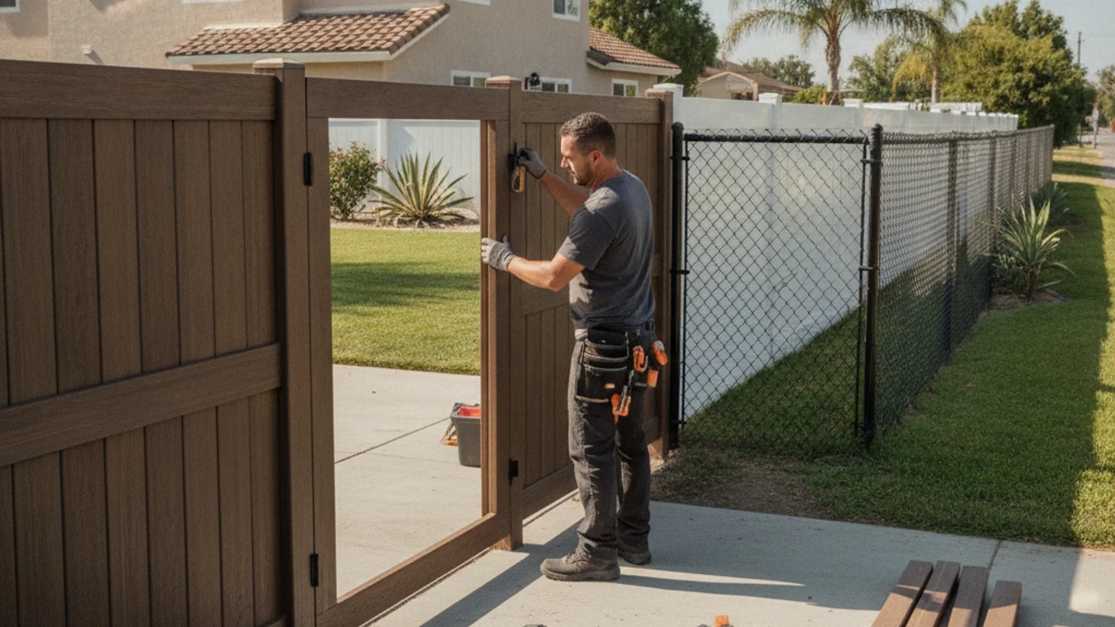 A metal driveway gate across a wide suburban driveway in an East County San Diego neighborhood with dry hills behind it