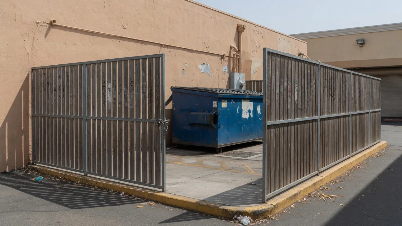 Three-sided commercial dumpster enclosure with double gates in a San Diego service alley