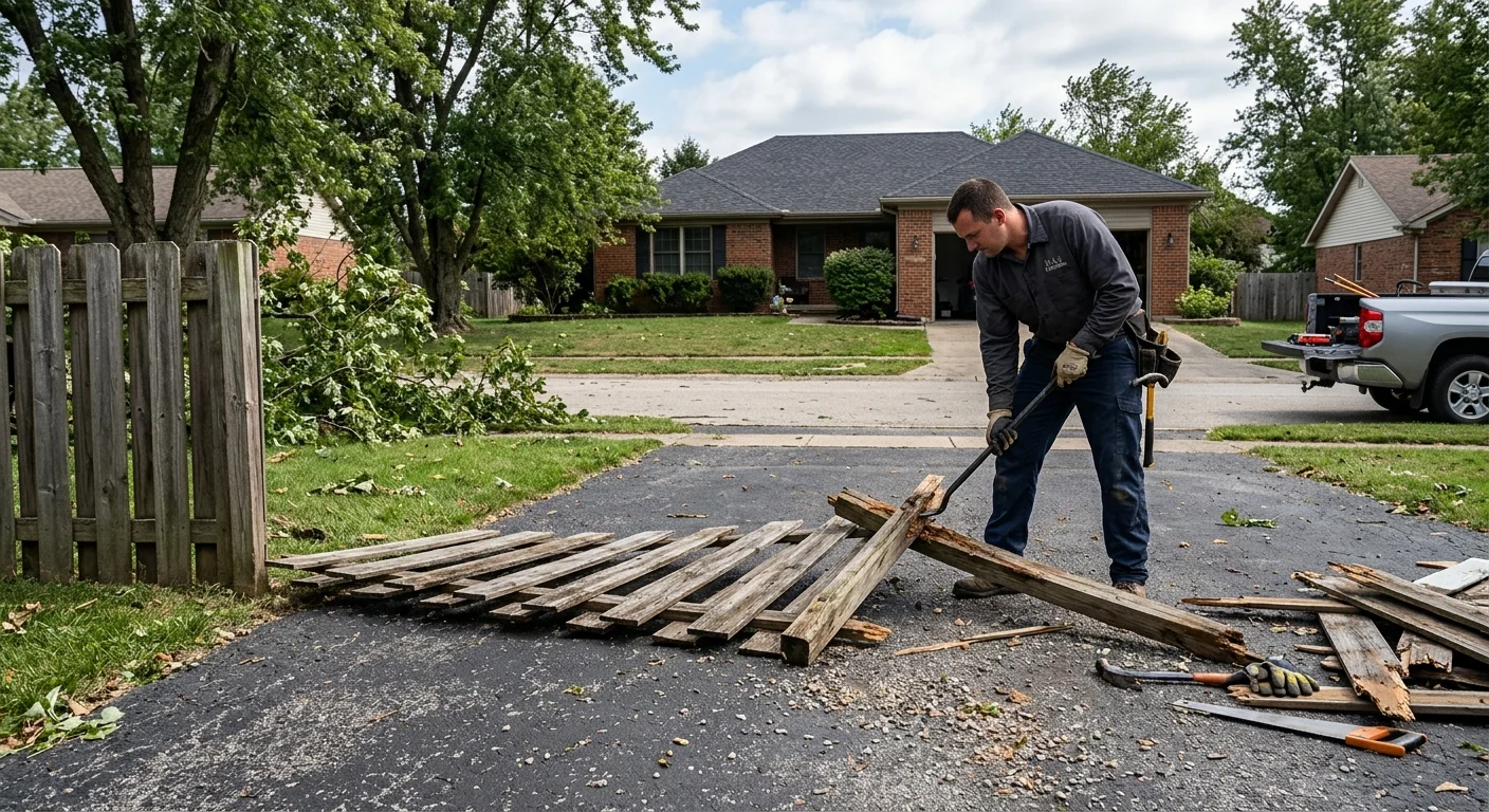 Fallen wood fence section blocking a residential driveway