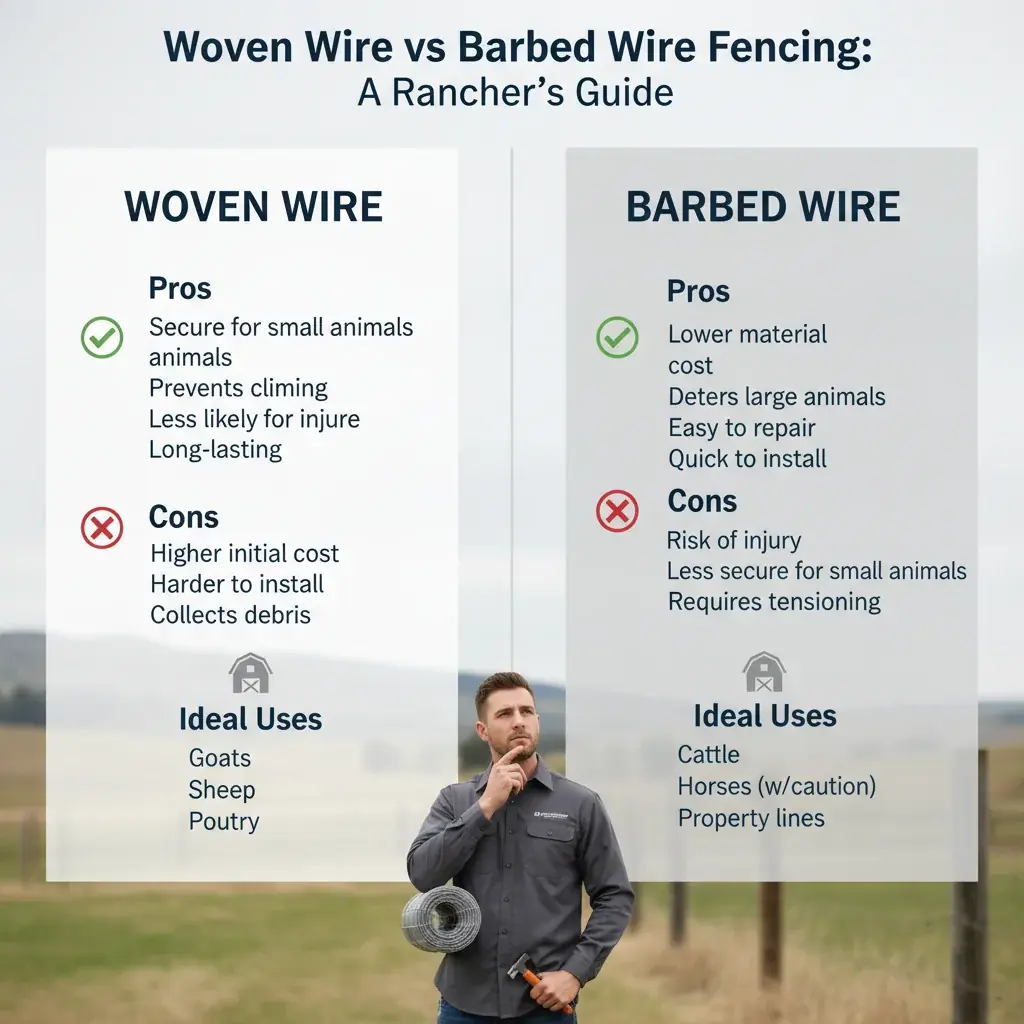 A comparison infographic showing pros, cons, and ideal uses for woven wire and barbed wire farm fencing types, with examples of livestock.