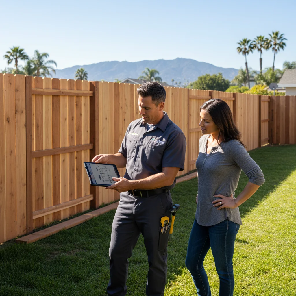 A licensed San Diego fence contractor reviews plans on a tablet with a homeowner in their backyard.