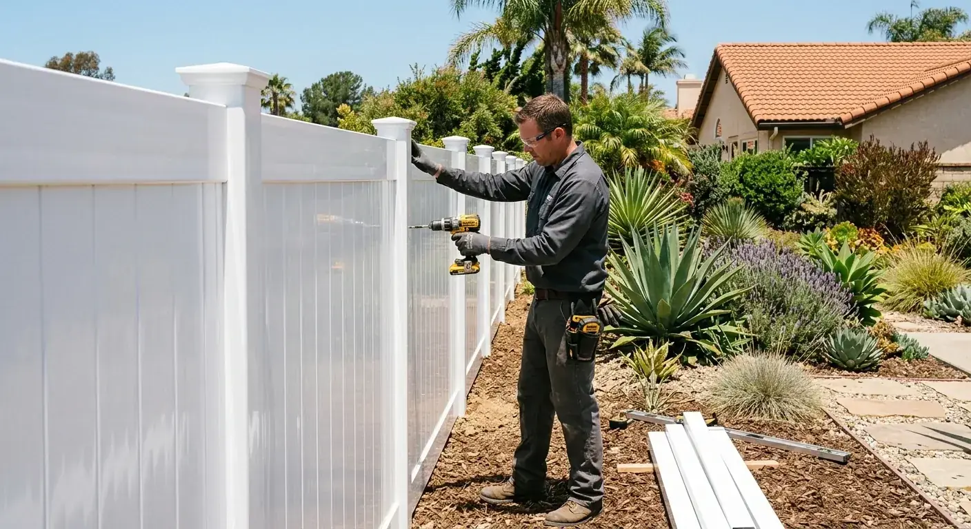 A pristine white vinyl privacy fence in a sunny Carlsbad backyard, with lush, drought-tolerant landscaping and a glimpse of a terracotta roof.