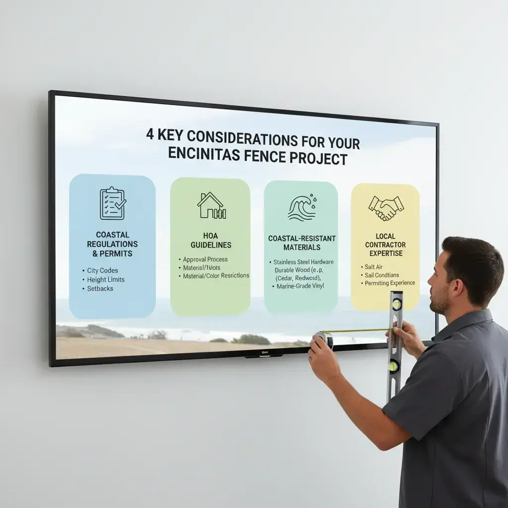 Infographic illustrating key considerations for Encinitas fence installation, including local regulations, popular materials, and coastal challenges.