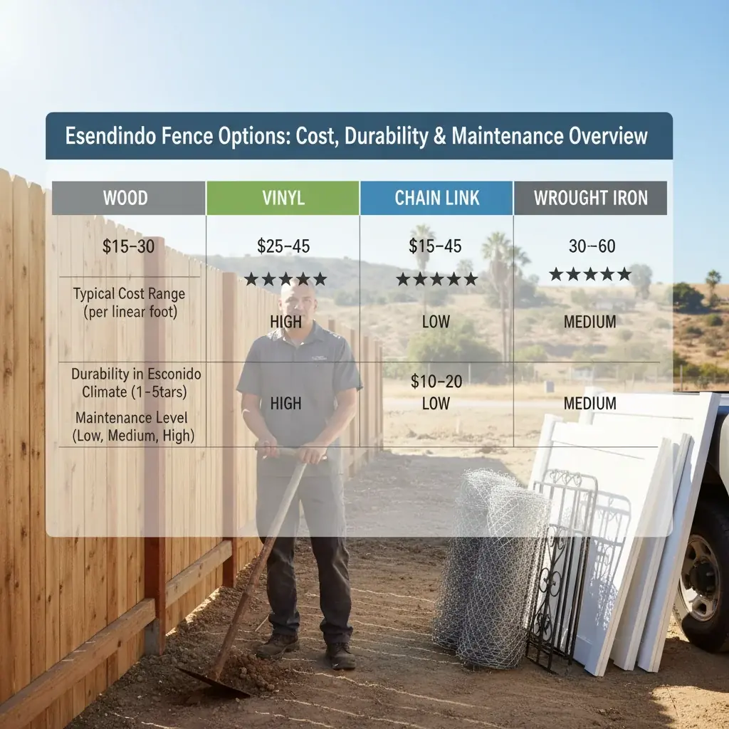 Infographic comparing cost, durability, and maintenance for wood, vinyl, chain link, and wrought iron fences in Escondido's climate.