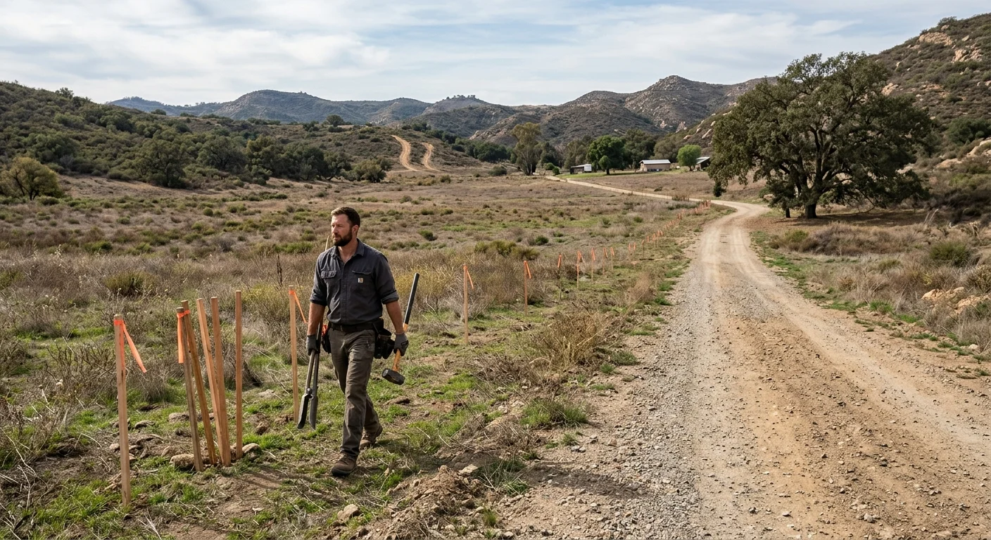 Rural Fallbrook lot with a marked fence line and a long driveway
