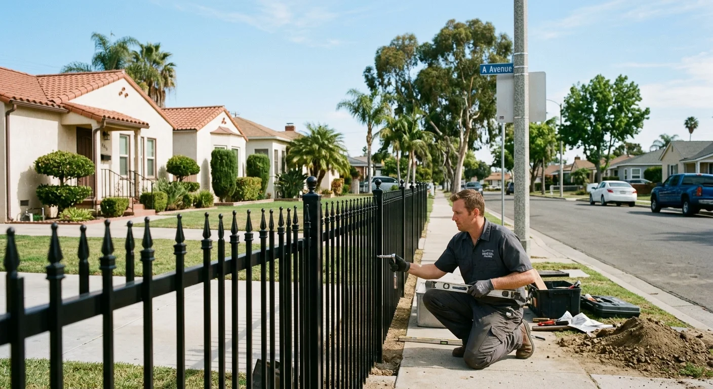A clean, newly installed fence (wood or wrought iron) in front of a home in National City, with a clear sky and neighborhood feel.