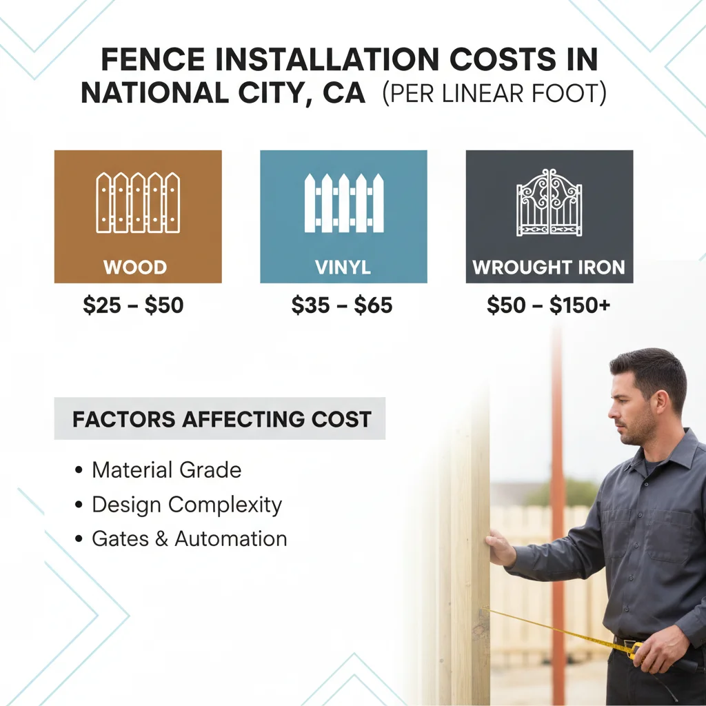 Infographic detailing average fence installation costs per linear foot in National City for wood, vinyl, and wrought iron fences.