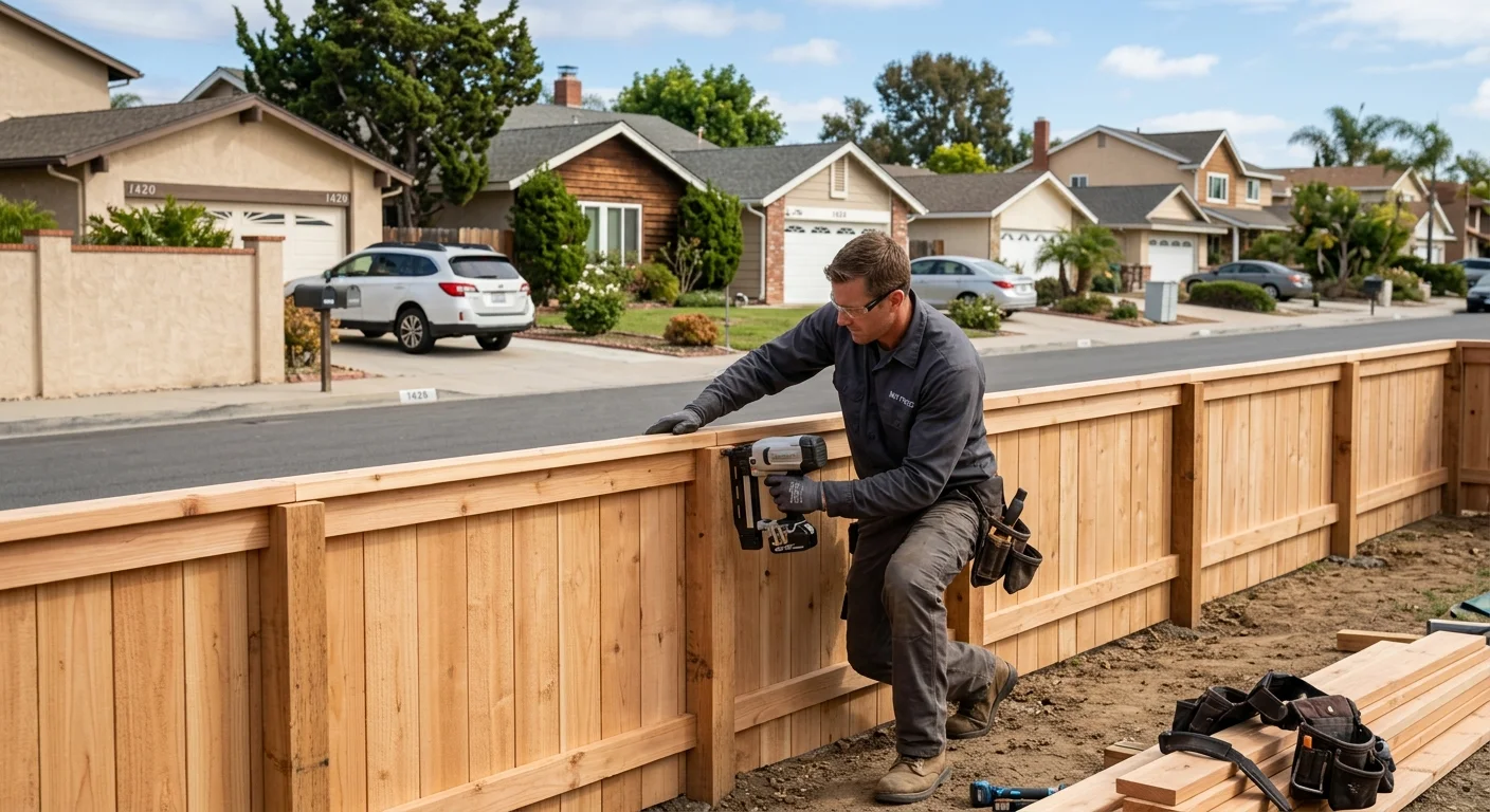 A clean and sturdy wood privacy fence in a typical Oceanside suburban neighborho