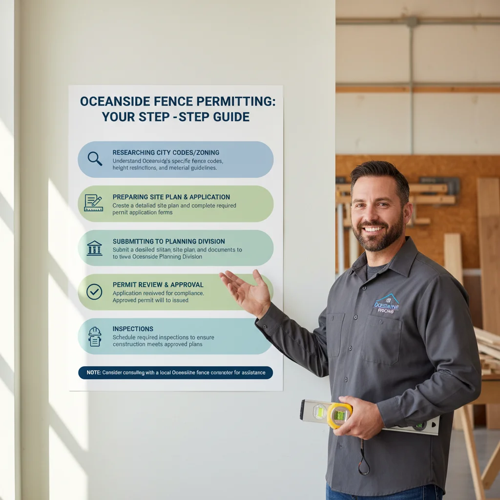 Infographic detailing the typical fence permitting steps in Oceanside, CA, including application, review, and inspection.