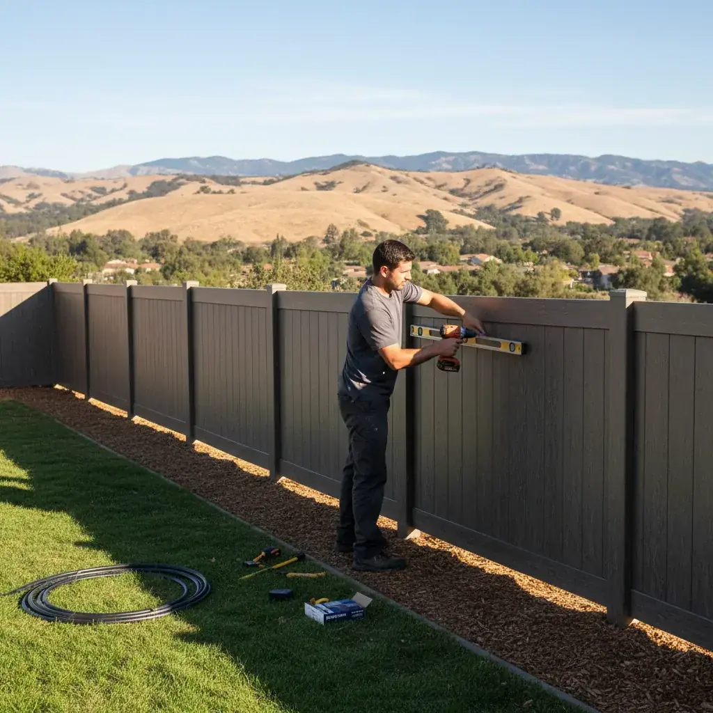 A beautiful wood or vinyl fence in a suburban Poway backyard, with the rolling hills characteristic of the area in the background.