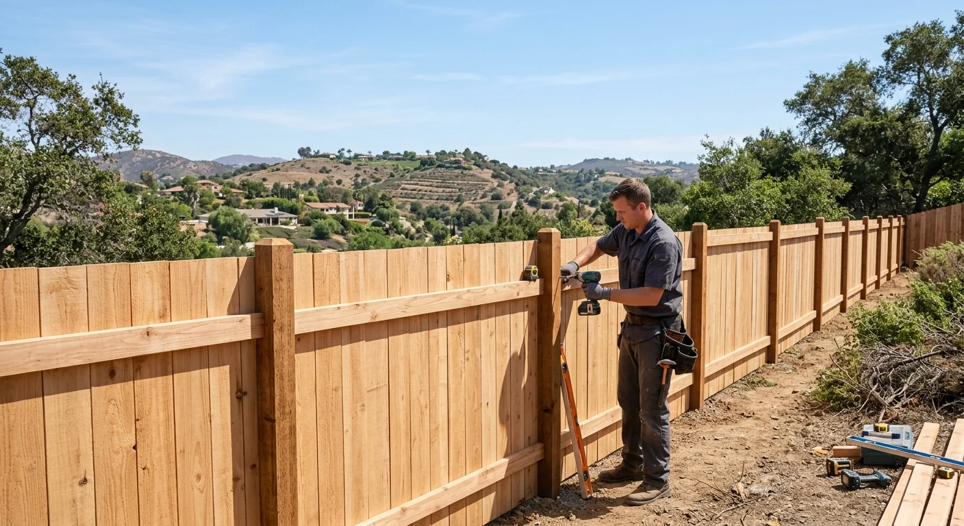 A durable and well-built wood fence on a property in Vista, with the rolling hills typical of the area in the background under a clear sky.