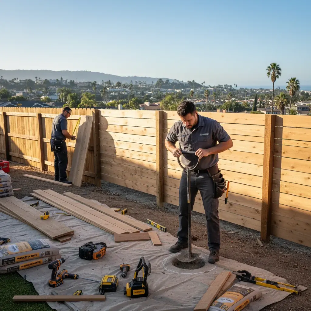 Six-foot cedar privacy fence along the side yard of a San Diego home with a written estimate in the foreground