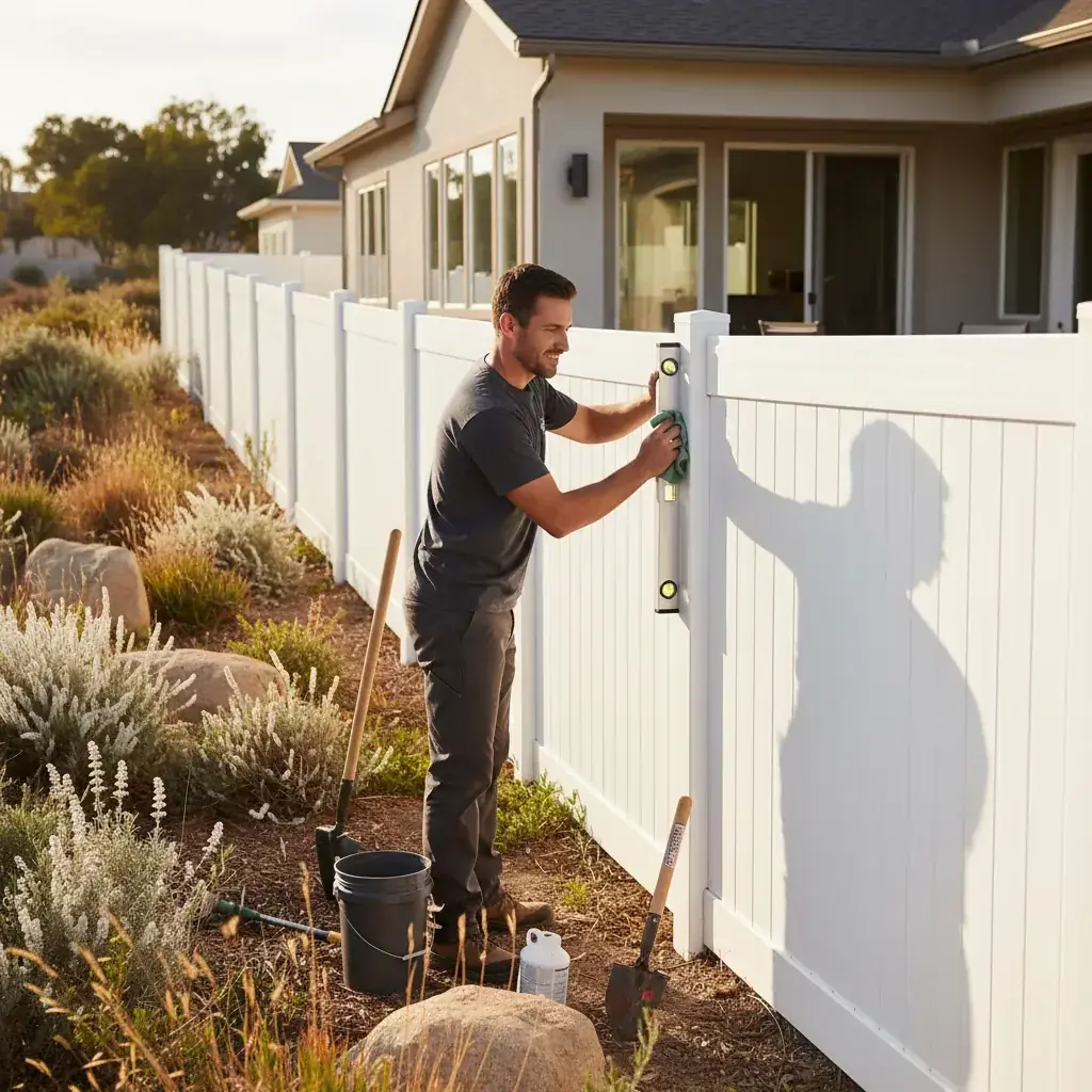 A new white vinyl privacy fence encloses a sunny Carlsbad backyard landscaped with drought-tolerant coastal plants.