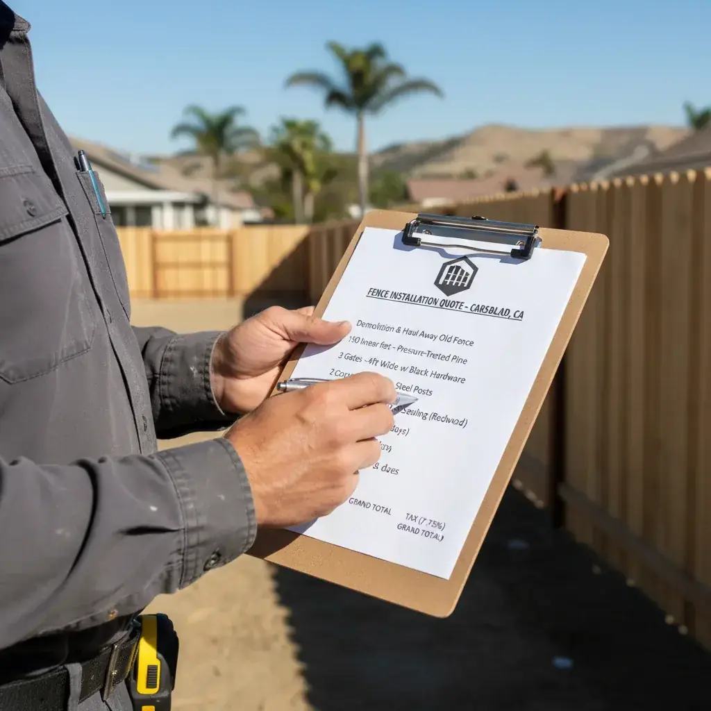 A detailed fence installation quote on a clipboard, showing line items for materials, labor, and permit fees for a Carlsbad property.