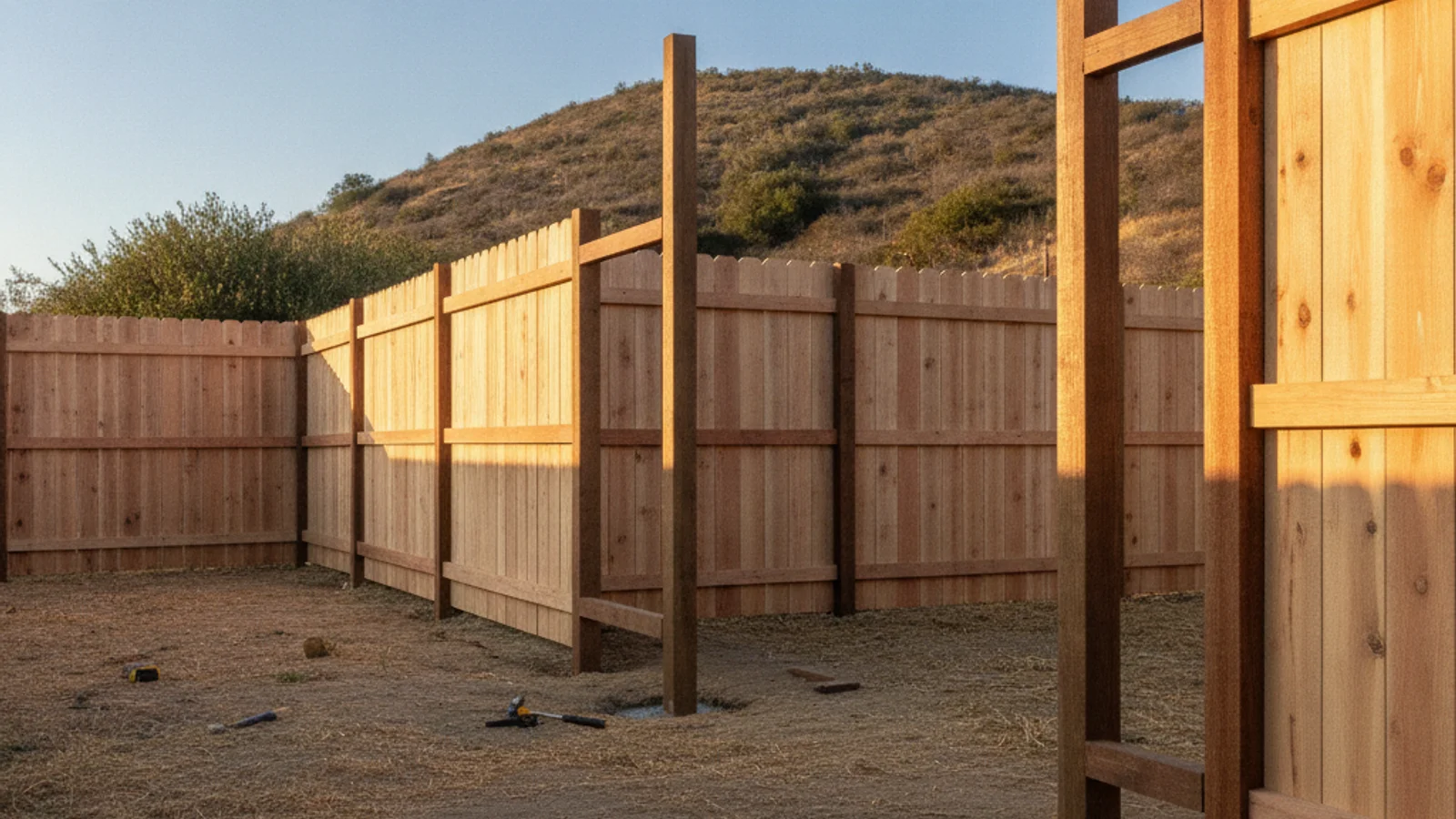 A fence installation crew in San Diego setting wooden fence posts into concrete footings with the concrete still wet and textured.