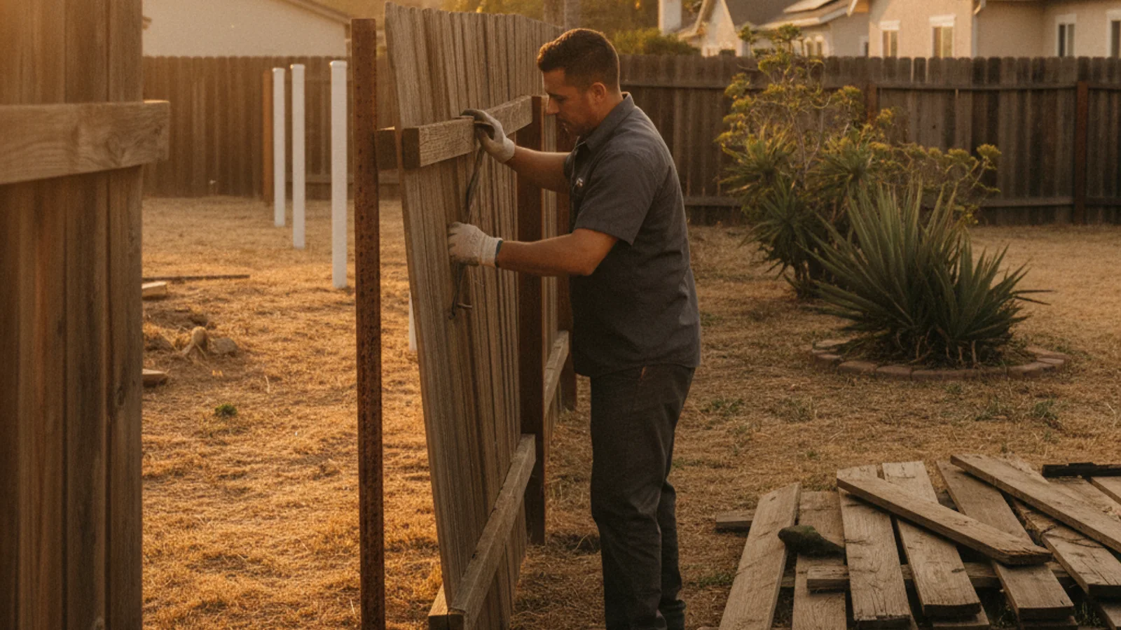 A worker in gloves pulls a weathered gray wood fence panel away from its posts in a San Diego backyard, with removed pickets stacked in a pile on the dirt beside a wheelbarrow