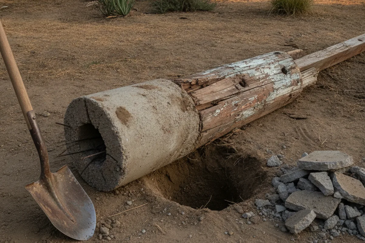 An old fence post being pulled from the ground with a heavy concrete footing still attached to its base, next to a hole in dry San Diego soil and a pile of broken concrete chunks