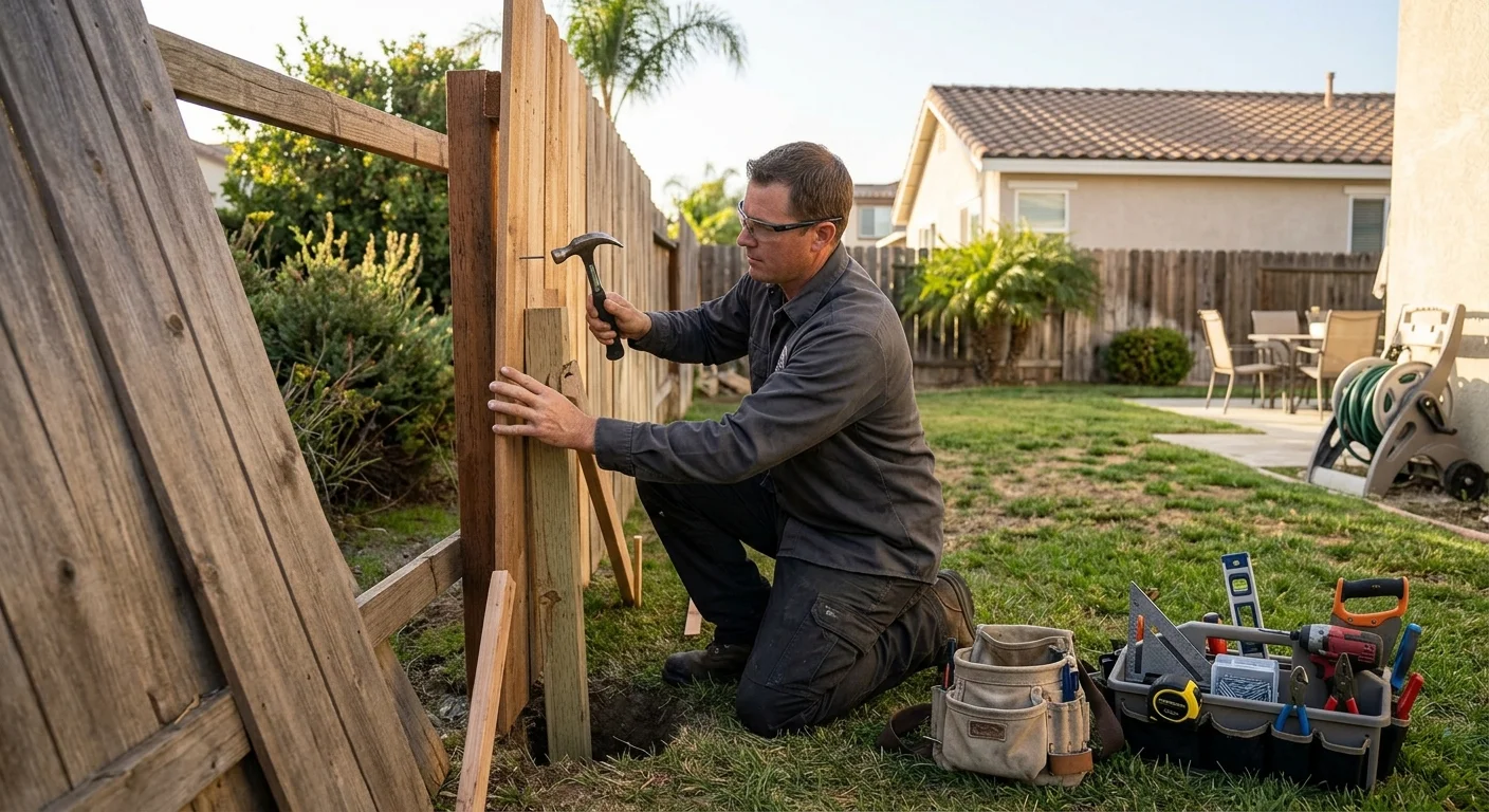 A professional repairing a section of a leaning wood fence in a suburban Chula Vista backyard.