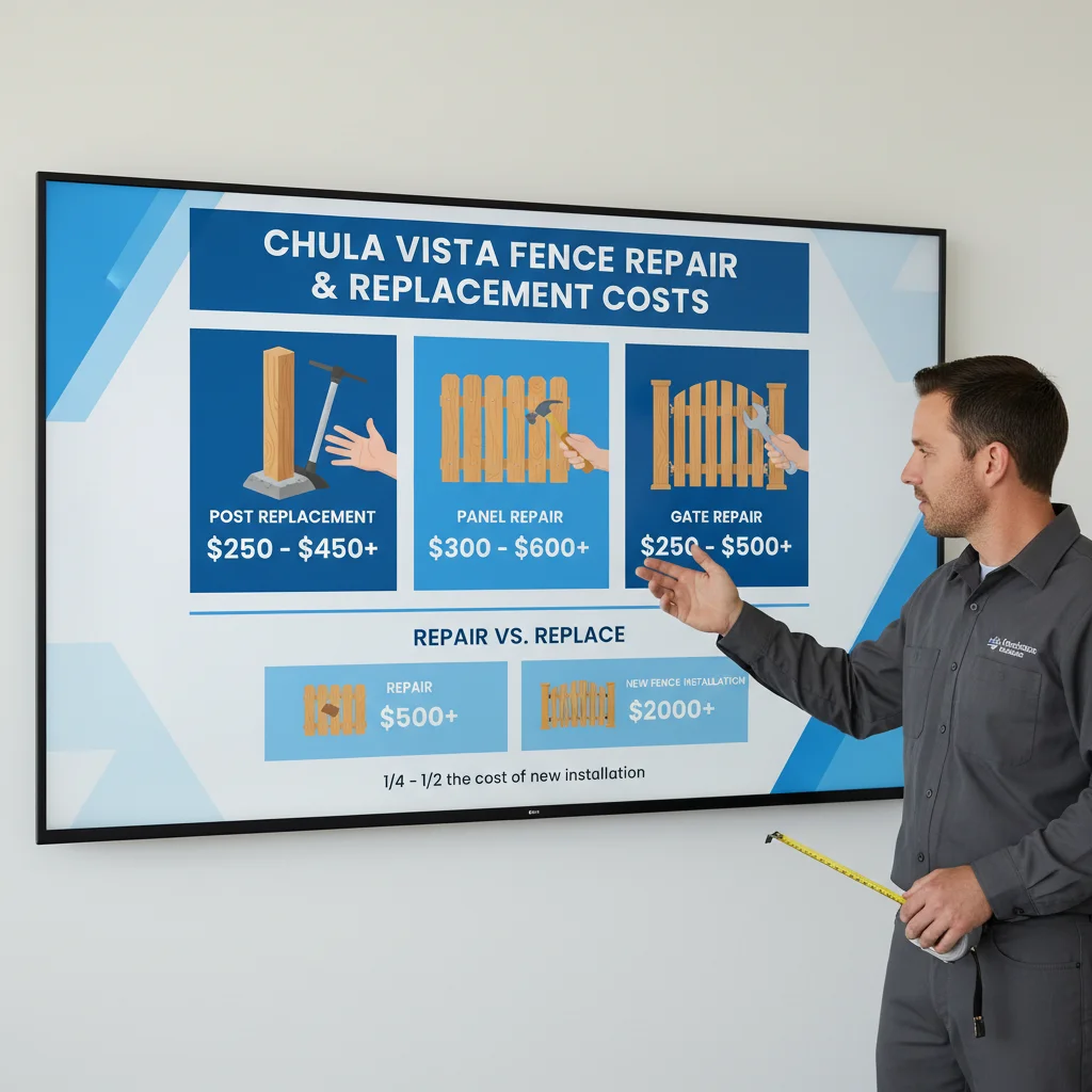 Infographic showing typical fence repair costs in Chula Vista for different issues and comparing repair vs. replacement.