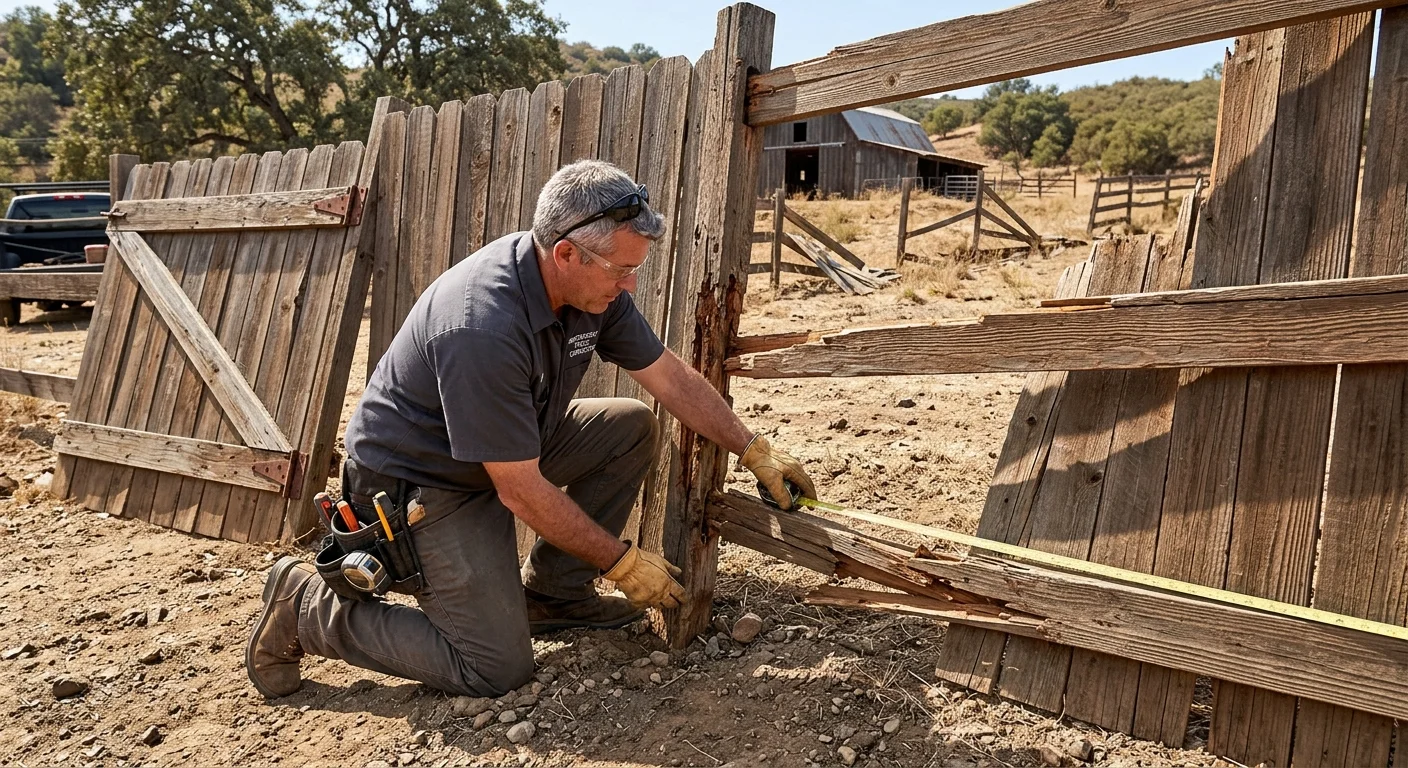 An independent fence contractor inspecting damaged posts, rails, panels, and a gate at an El Cajon property
