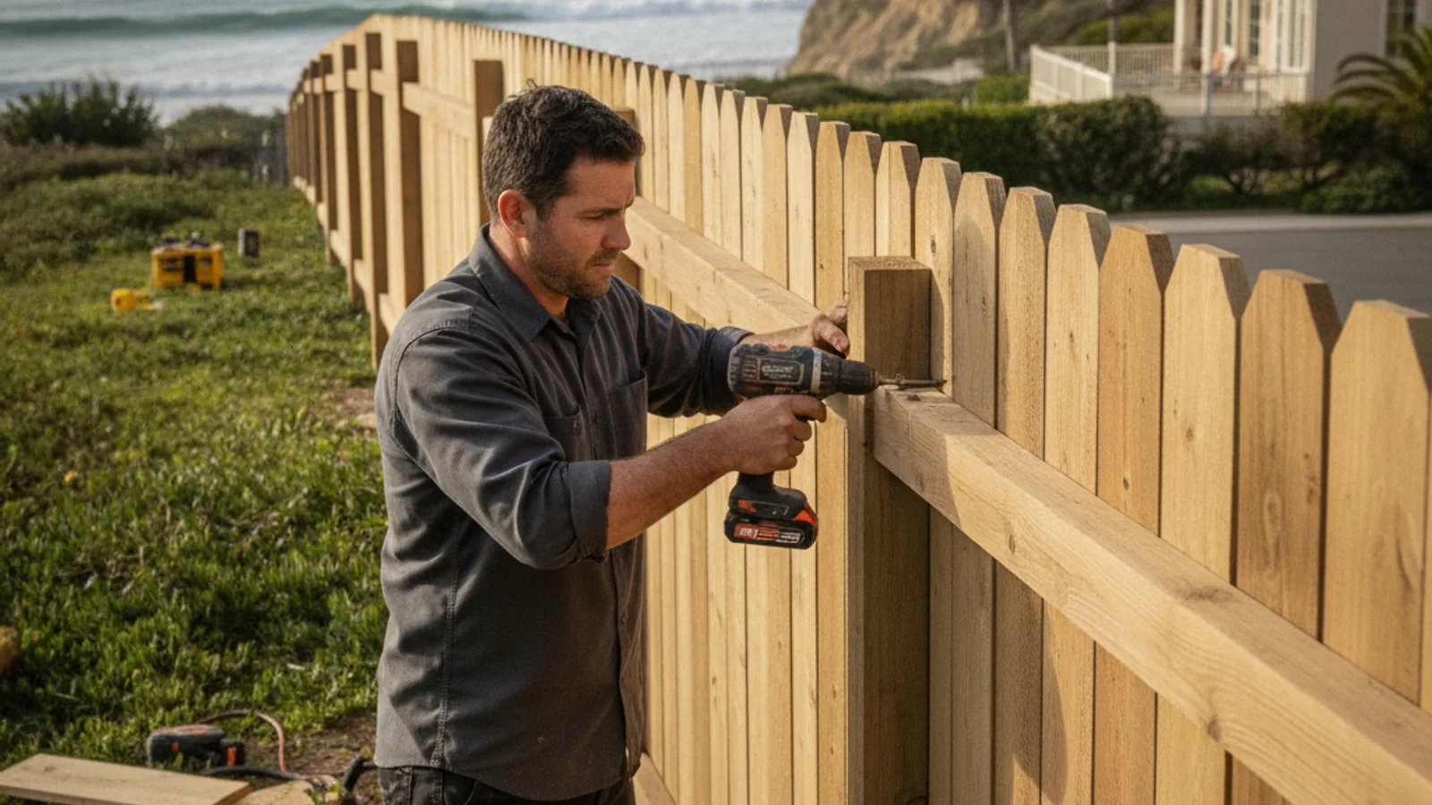 A weathered wood and iron fence on a coastal La Jolla property with visible salt air wear on the hardware.