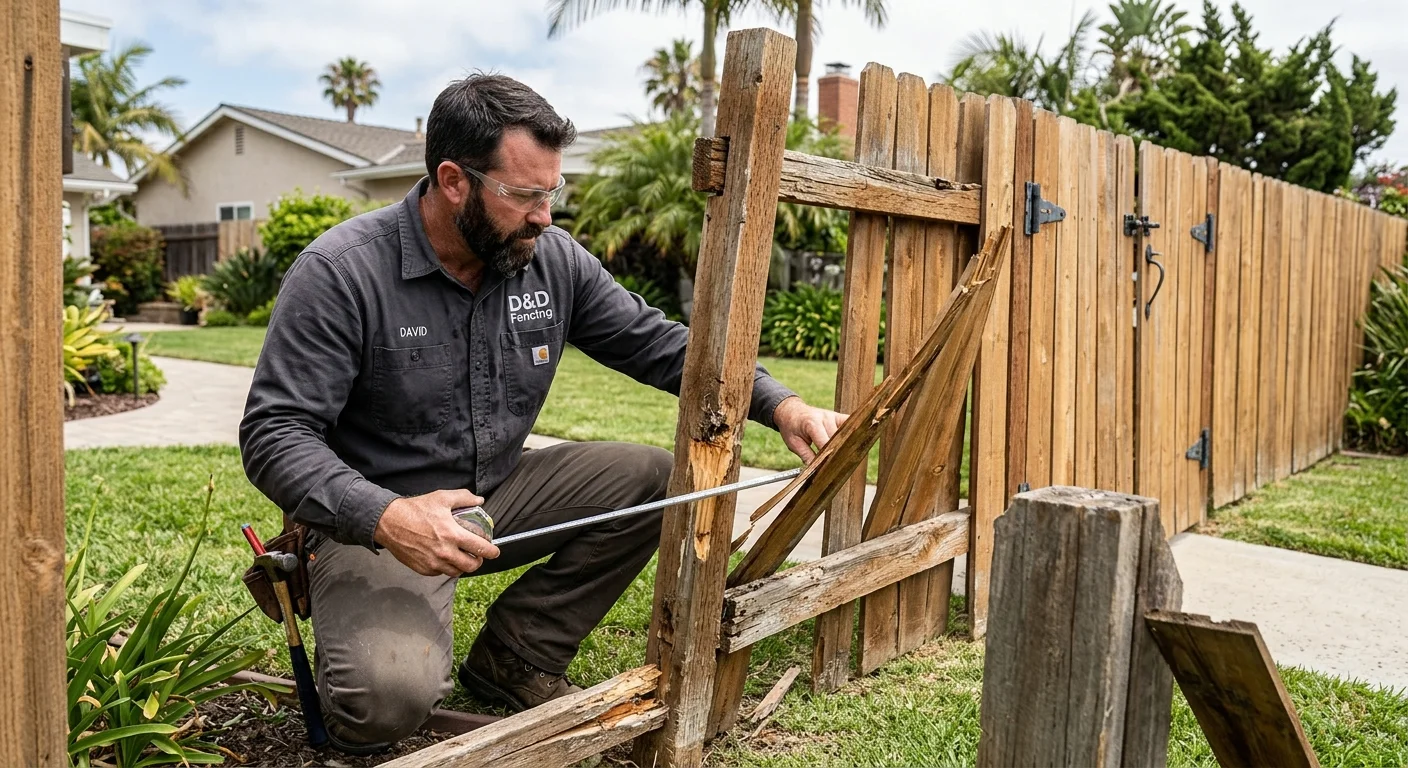 A contractor inspecting posts, rails, boards, and gate hardware on an Oceanside fence