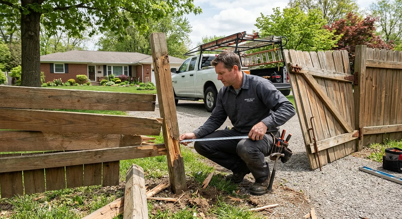 Independent fence contractor inspecting damaged posts, panels, and gate hardware