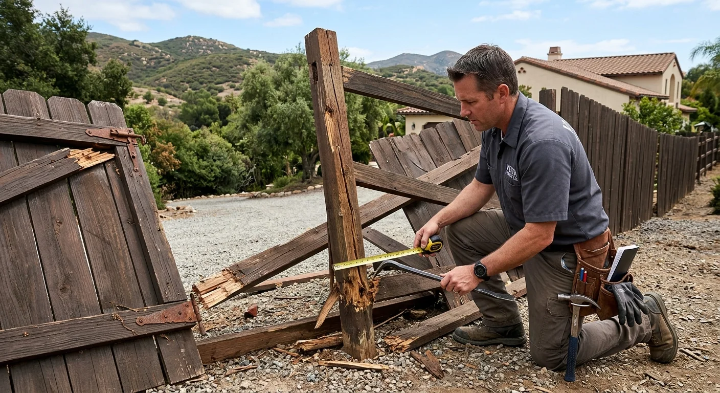 Independent fence contractor inspecting damaged fence posts, rails, panels, and gate hardware