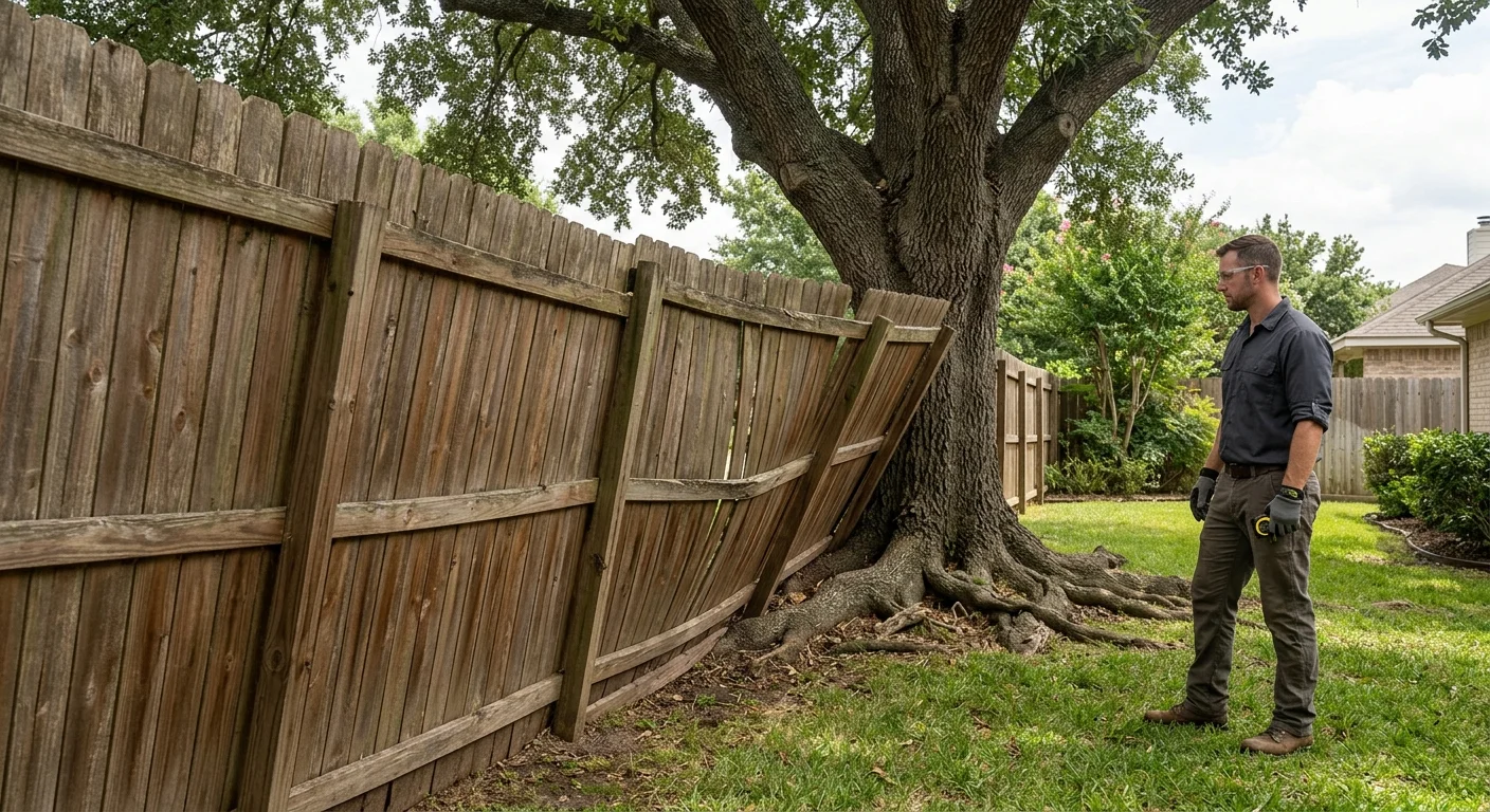 A shifted residential fence beside visible tree roots