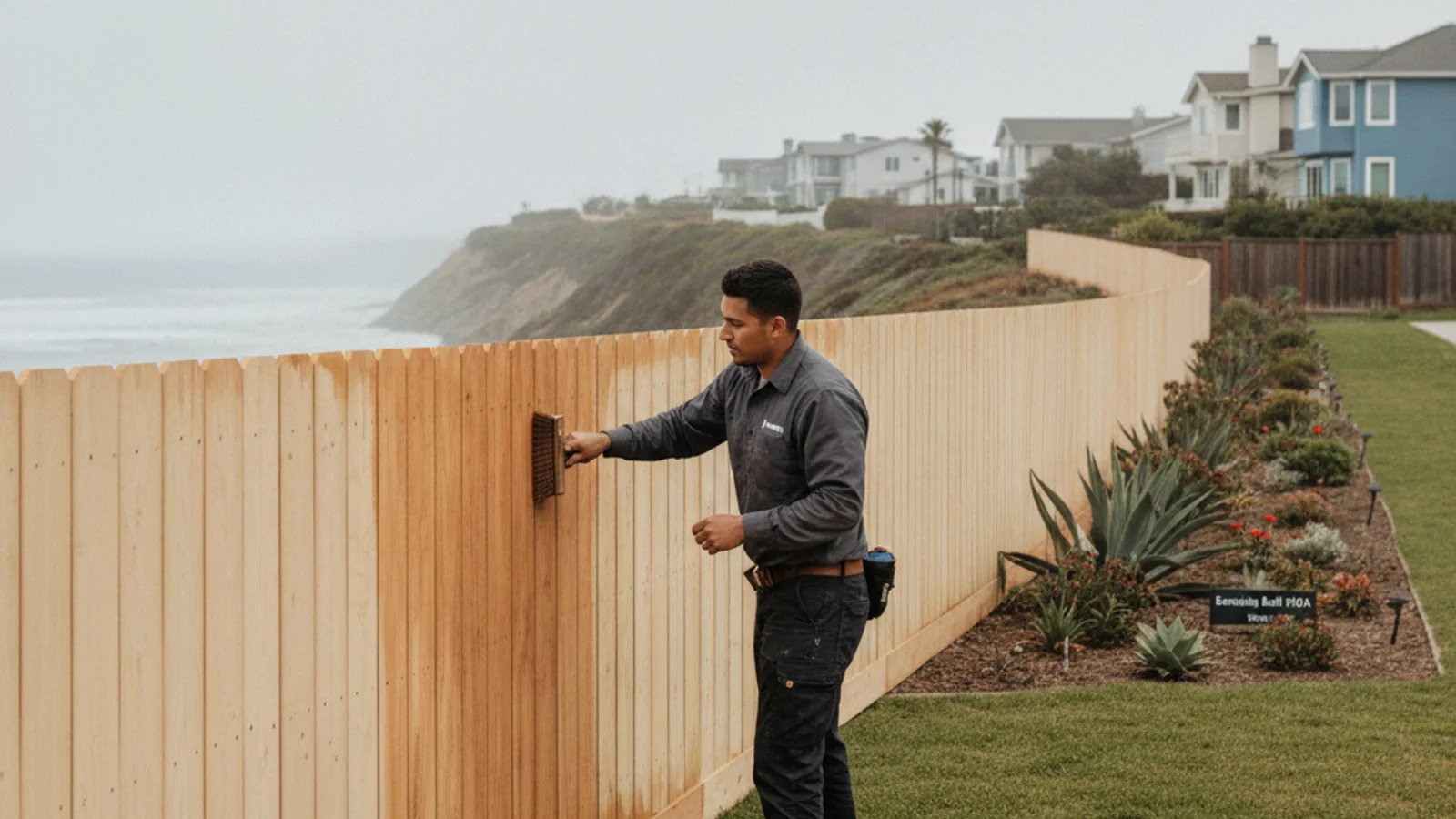 Fence contractor staining a wood fence on a bluff-adjacent Encinitas property with marine layer visible over the coastline