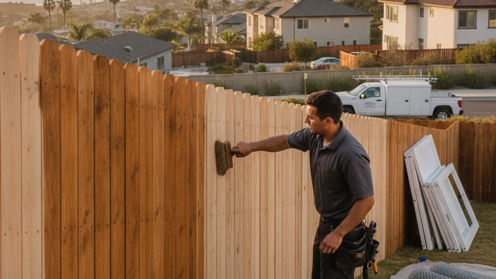 Fence contractor staining a wood fence in an Oceanside backyard with west-facing sun exposure