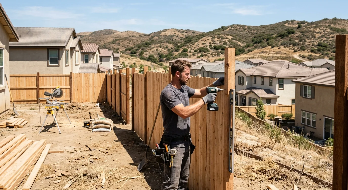 Wood fence on a Vista tract lot in dry inland daylight before staining