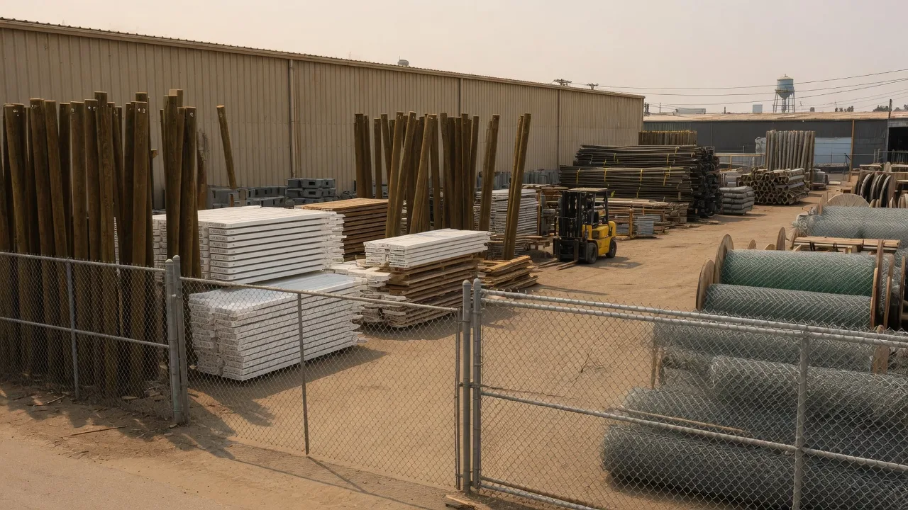 Outdoor fence materials yard with stacked posts, vinyl panels, and chain-link rolls in San Diego