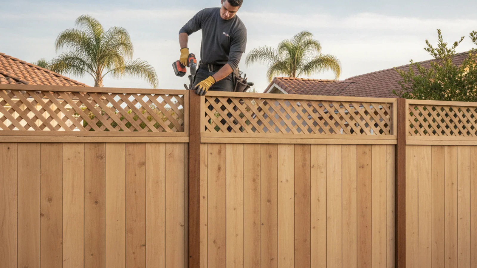 A lattice topper extension added above an existing wood privacy fence in a Southern California backyard with drought-tolerant plants along the base