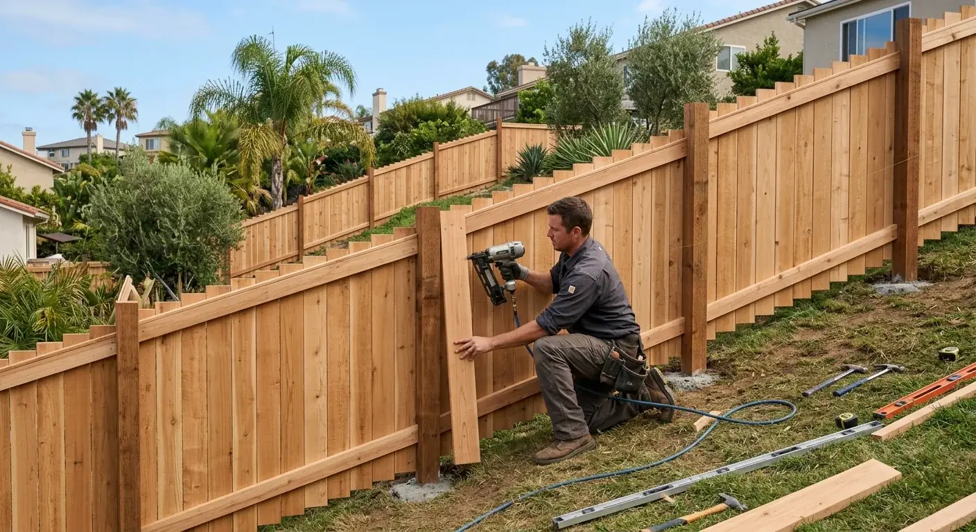 A wood privacy fence perfectly installed on a sloped San Diego yard, using the 'stepped' method, showing the clean lines and professional look.