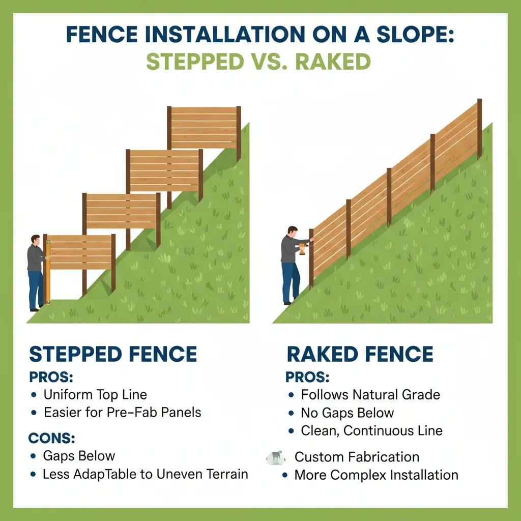 Diagram comparing stepped vs. raked fence installation methods for sloped yards, illustrating their appearance and functionality.