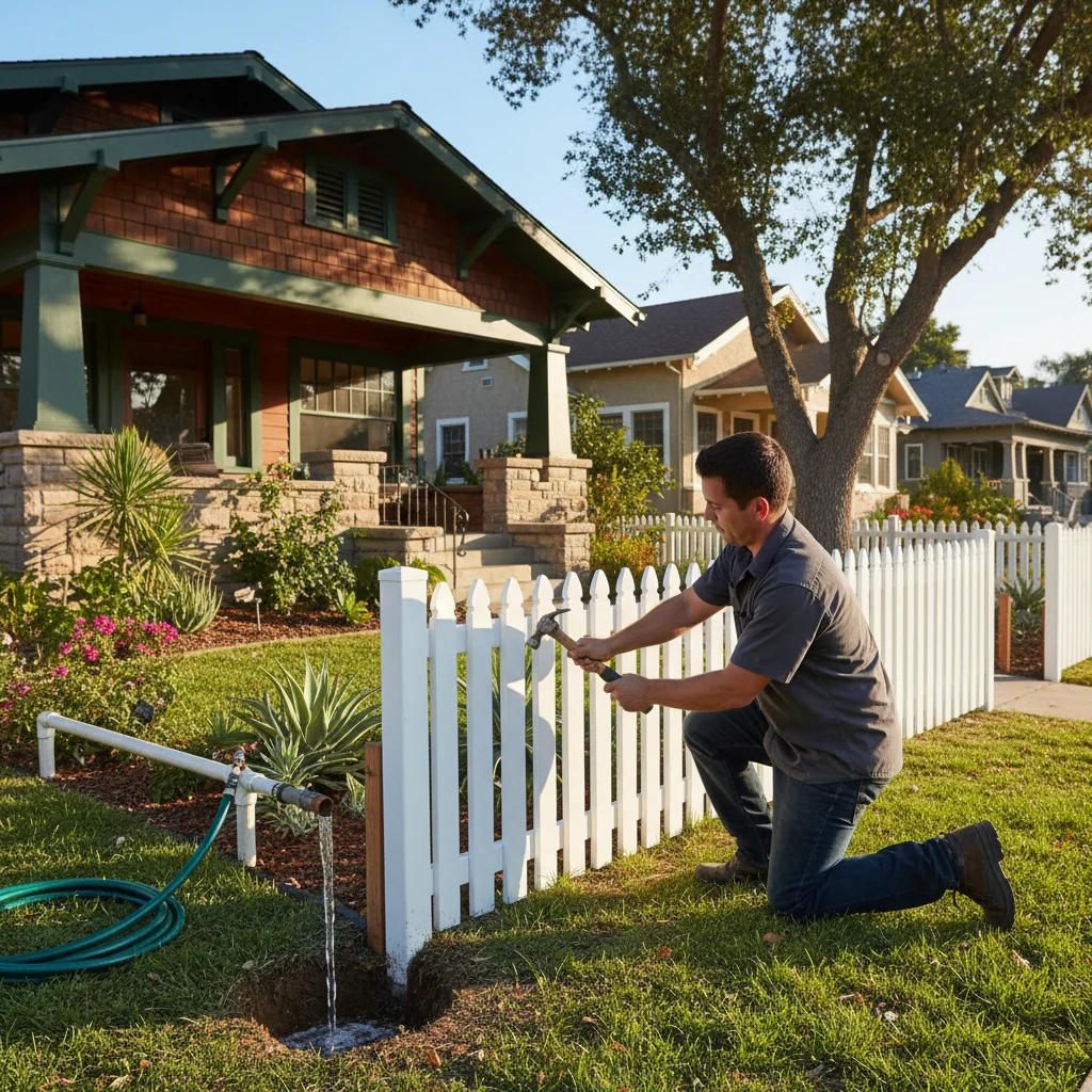 An attractive, low white picket fence in front of a craftsman-style home in a San Diego neighborhood.