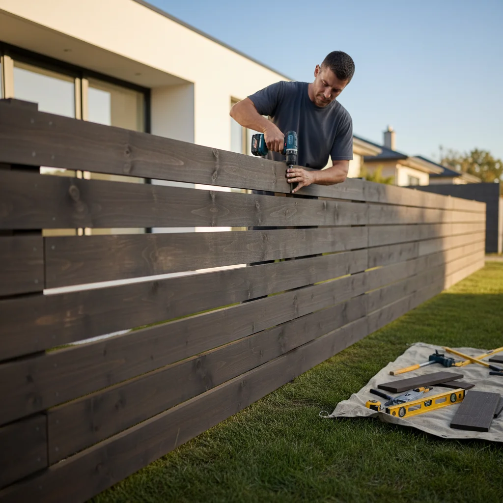 A gallery of three different front yard fence styles: a modern horizontal slat, a classic aluminum fence, and a Spanish-style stucco wall with an iron gate.