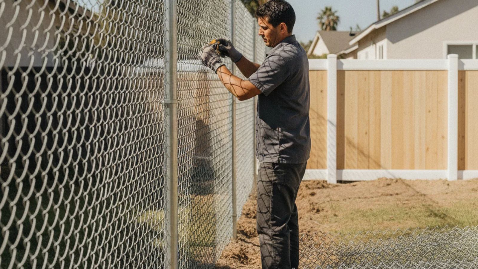 A galvanized chain link fence with a visible silver-gray zinc finish enclosing a large property.