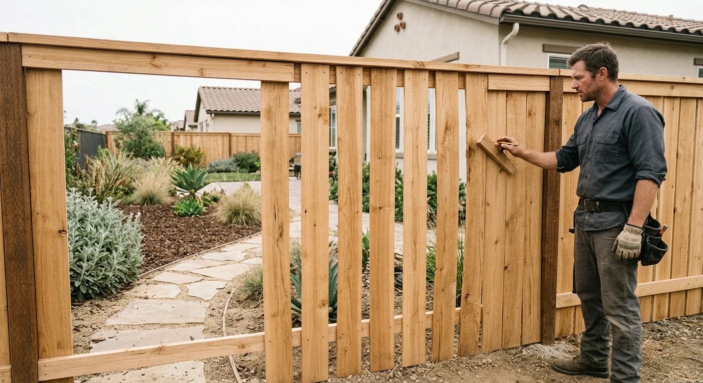 Wood privacy fence in San Diego with uneven gaps opening between several boards