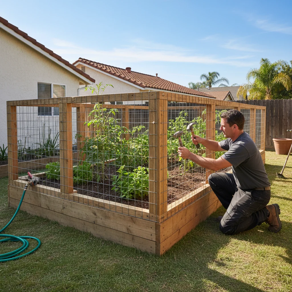 A cedar-framed hog wire fence protecting a sunny San Diego raised vegetable garden filled with tomato plants and herbs.