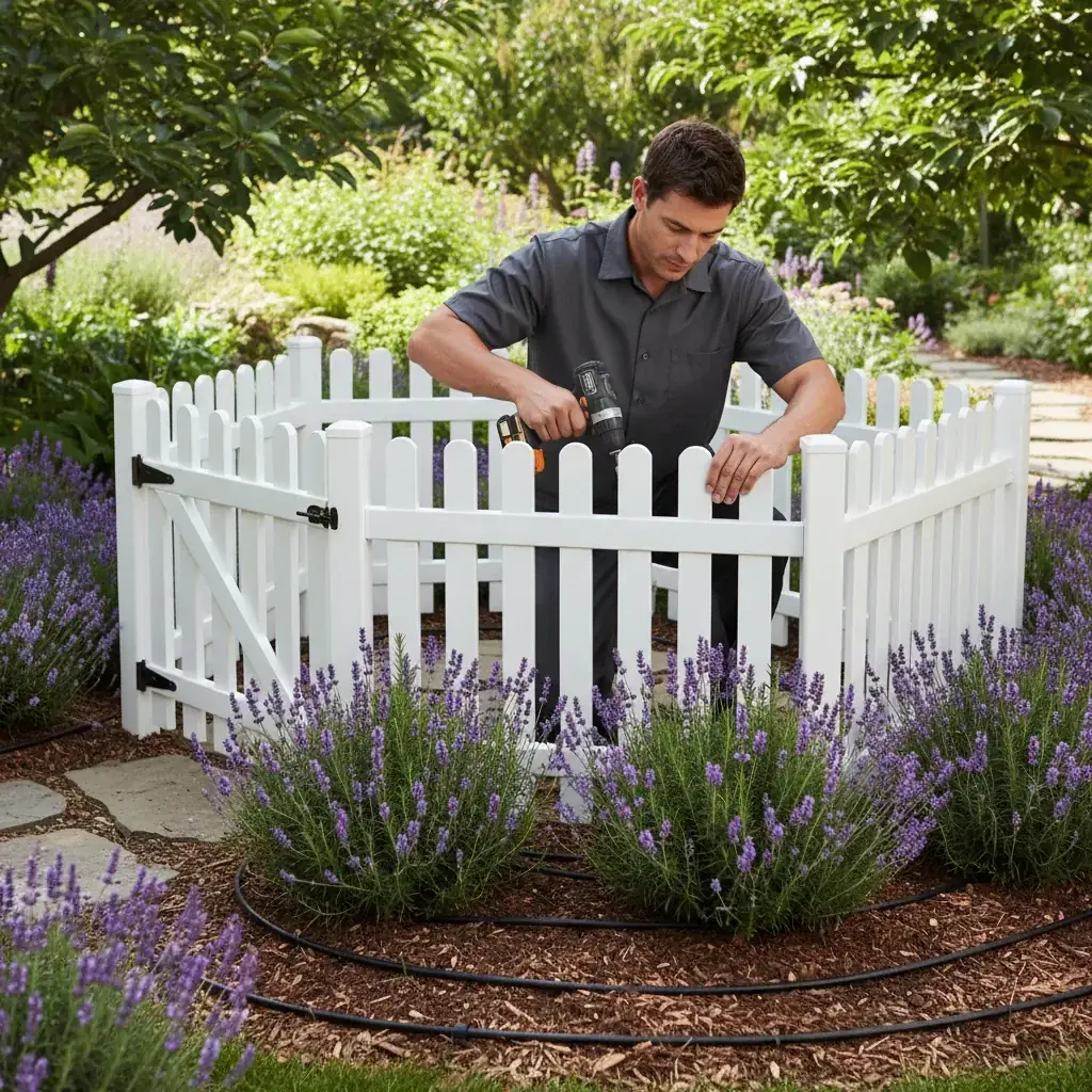 A classic white picket fence with a small wooden gate encloses a flower bed with lavender, showing how style can meet function in garden design.